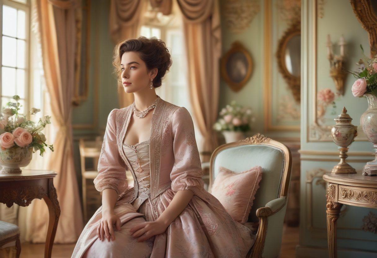 A stylish, vintage-dressed woman in a beautifully ornate, sunlit room filled with elegant antique furniture and soft pastel colors. She is gracefully posing with flowing fabrics, rich textures, and classic accessories, surrounded by delicate floral arrangements. The scene evokes a sense of nostalgia and sophistication, highlighting the charm of vintage fashion. vintage style, soft focus, pastel colors.