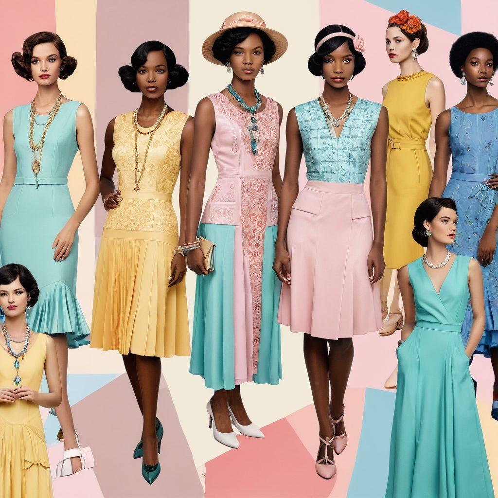 A visually striking collage showcasing a timeline of women's fashion evolution, featuring classic cuts from the 1920s to modern trendsetting styles, with elegant dresses, iconic accessories, and diverse models of various ethnicities. The background should be a gradient that transitions from pastels to bold colors, symbolizing progress and change in fashion. Include elements like sewing needles, vintage patterns, and modern digital design tools to represent the blend of tradition and innovation. vibrant colors. modern art style.