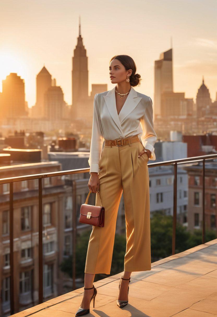 A stylish woman in a classic tailored outfit, overlooking a trendy urban skyline from a rooftop. She embodies modern sophistication with elegant accessories and a confident pose. The backdrop features a blend of historical architecture and contemporary design, hinting at timeless fashion. Bright golden hour sunlight casts a warm glow, enhancing the scene's chic vibe. super-realistic. vibrant colors. urban setting.